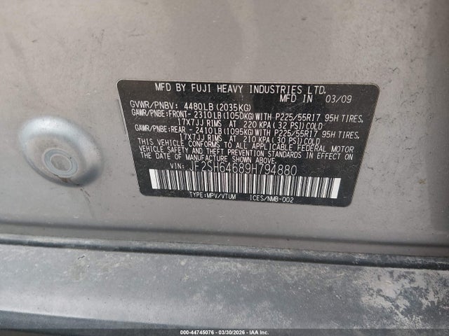 44745076 :رقم المزاد ، JF2SH64689H794880 vin ، 2009 Subaru Forester 2.5x Limited مزاد بيع