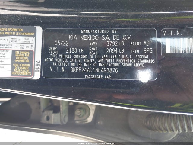 44745085 :رقم المزاد ، 3KPF24AD1NE493876 vin ، 2022 Kia Forte Lxs مزاد بيع