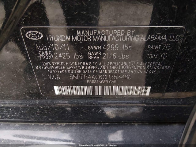 44745108 :رقم المزاد ، 5NPEB4AC6CH353480 vin ، 2012 Hyundai Sonata Gls مزاد بيع