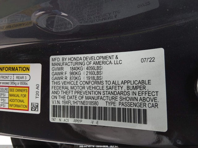 Aukcja sprzedaży 2022 Honda Civic Ex-l, vin: 19XFL1H71NE018580, numer aukcji: 44745116