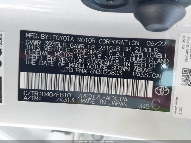 Aukcja sprzedaży 2022 Toyota Corolla Le, vin: JTDEPMAE6N3025803, numer aukcji: 44745119