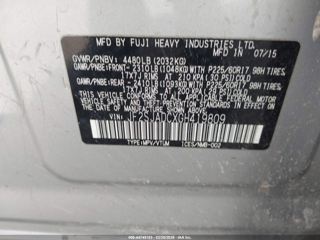 Продаж на аукціоні авто 2016 Subaru Forester 2.5i Premium, vin: JF2SJADCXGH419809, номер лоту: 44745153