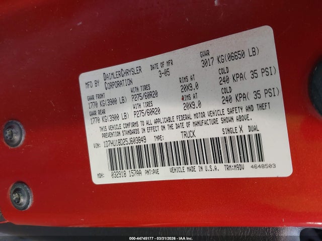 Aukcja sprzedaży 2005 Dodge Ram 1500 Slt/laramie, vin: 1D7HU18D25J603849, numer aukcji: 44745177
