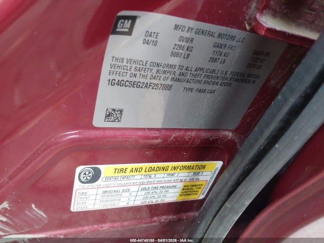 2010 Buick Lacrosse Cxl მანქანა იყიდება აუქციონზე, vin: 1G4GC5EG2AF257888, აუქციონის ნომერი: 44745188