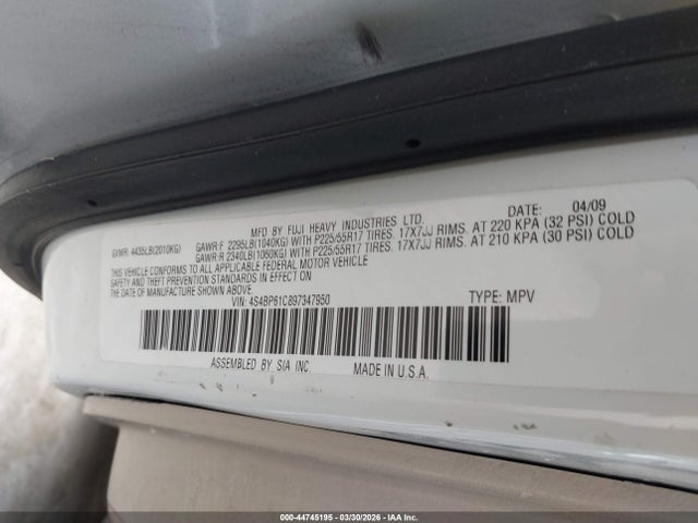 2009 Subaru Outback 2.5i მანქანა იყიდება აუქციონზე, vin: 4S4BP61C897347950, აუქციონის ნომერი: 44745195