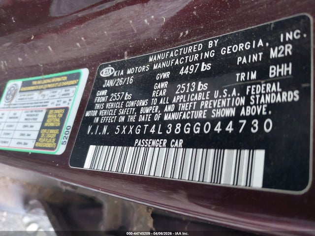 Продаж на аукціоні авто 2016 Kia Optima Lx, vin: 5XXGT4L38GG044730, номер лоту: 44745209