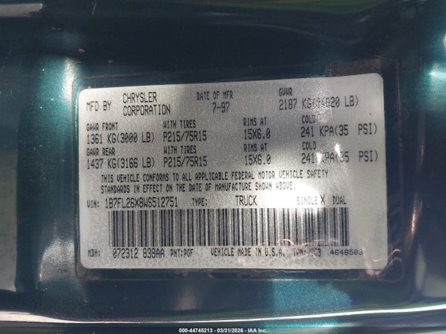 Продаж на аукціоні авто 1998 Dodge Dakota Slt/sport, vin: 1B7FL26X8WS512751, номер лоту: 44745213