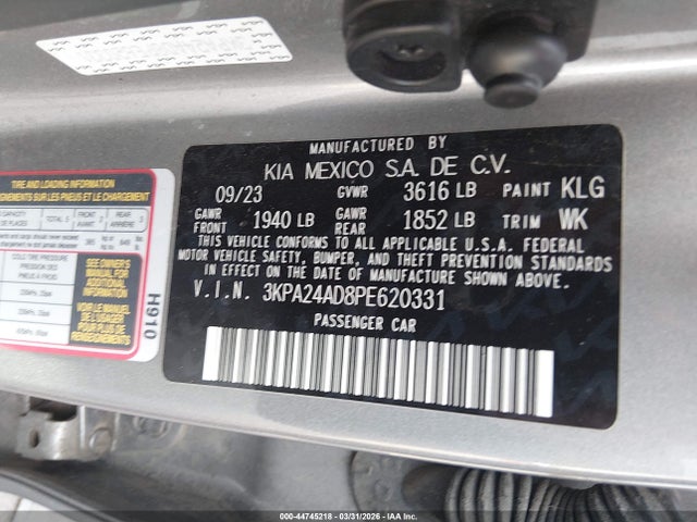 2023 Kia Rio S მანქანა იყიდება აუქციონზე, vin: 3KPA24AD8PE620331, აუქციონის ნომერი: 44745218