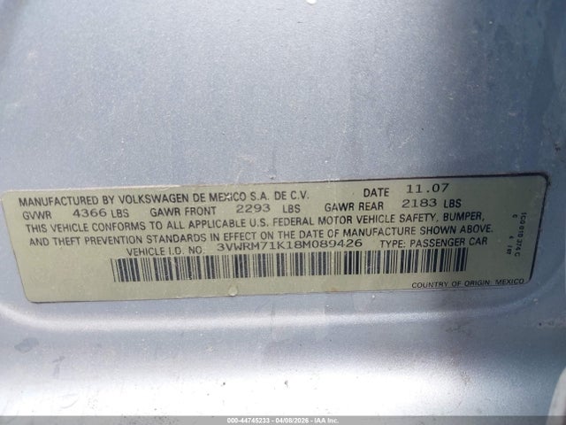 2008 Volkswagen Jetta Se მანქანა იყიდება აუქციონზე, vin: 3VWRM71K18M089426, აუქციონის ნომერი: 44745233