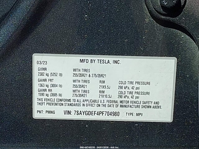44745235 :رقم المزاد ، 7SAYGDEF4PF704980 vin ، 2023 Tesla Model Y Performance Dual Motor All-wheel Drive مزاد بيع