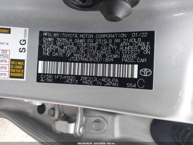 2022 Toyota Corolla Le მანქანა იყიდება აუქციონზე, vin: JTDEPMAE8N3011899, აუქციონის ნომერი: 44745236