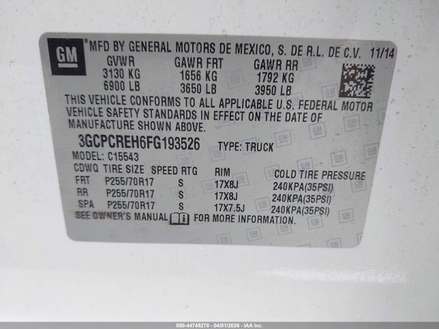Продажа на аукционе авто 2015 Chevrolet Silverado 1500 1lt, vin: 3GCPCREH6FG193526, номер лота: 44745270