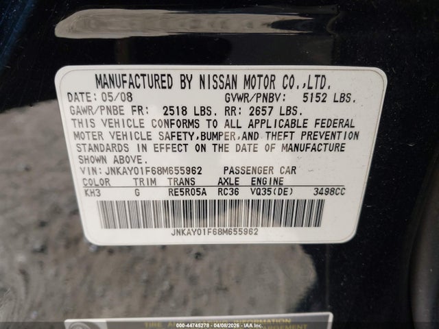 2008 Infiniti M35x მანქანა იყიდება აუქციონზე, vin: JNKAY01F68M655962, აუქციონის ნომერი: 44745278