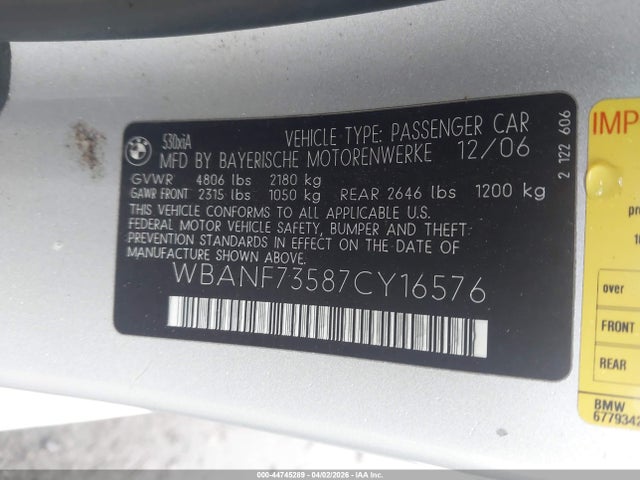 Aukcja sprzedaży 2007 Bmw 530xi, vin: WBANF73587CY16576, numer aukcji: 44745289