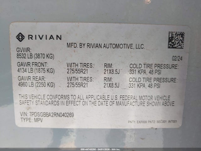 7PDSGBBA2RN040269 Rivian R1s Adventure Dual Motor Large Pack/adventure Dual Motor Perf Large Pack