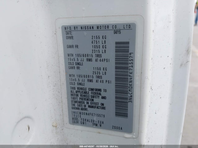 2015 Nissan Nv200 S/sv მანქანა იყიდება აუქციონზე, vin: 3N6CM0KN4FK715579, აუქციონის ნომერი: 44745297