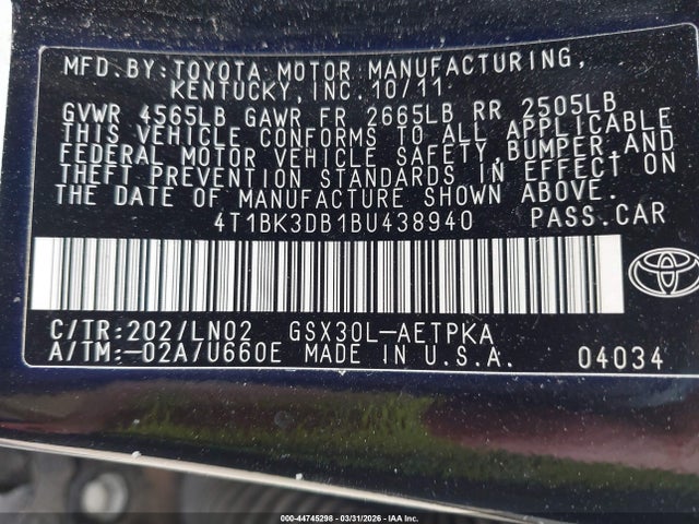 2011 TOYOTA AVALON 4T1BK3DB1BU438940 Photo 8
