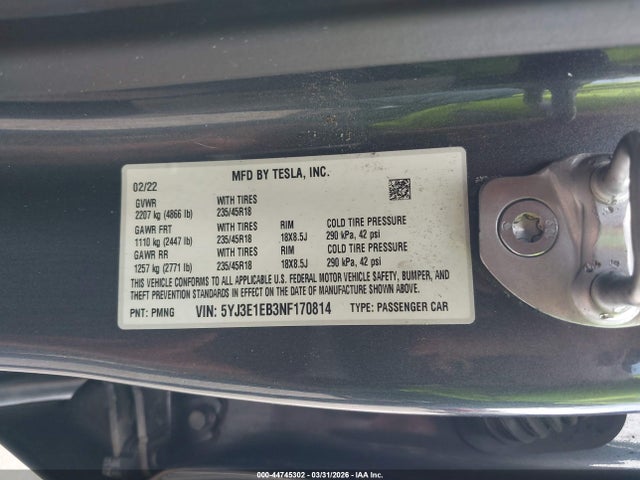 Продаж на аукціоні авто 2022 Tesla Model 3 Long Range Dual Motor All-wheel Drive, vin: 5YJ3E1EB3NF170814, номер лоту: 44745302