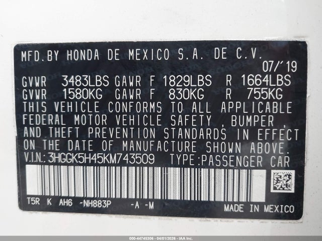 3HGGK5H45KM743509 Honda FIT LX