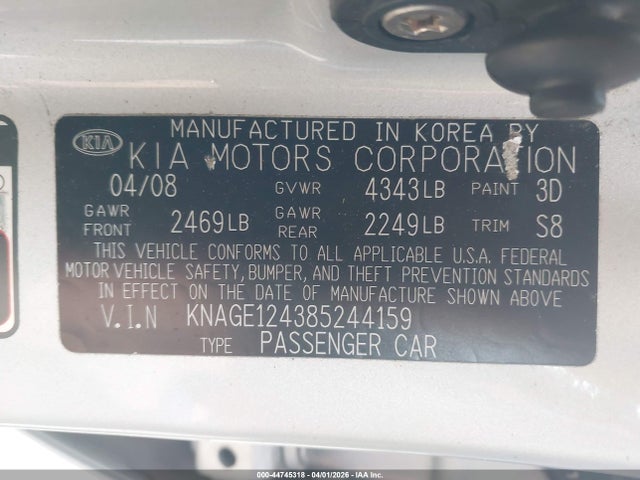 44745318 :رقم المزاد ، KNAGE124385244159 vin ، 2008 Kia Optima Lx V6 مزاد بيع