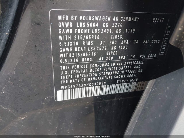 2017 Volkswagen Tiguan 2.0t/2.0t S მანქანა იყიდება აუქციონზე, vin: WVGBV7AX9HK030530, აუქციონის ნომერი: 44745319