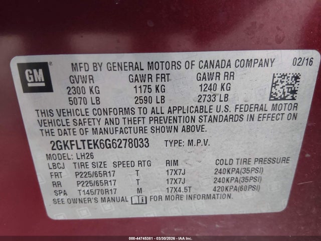 Продаж на аукціоні авто 2016 Gmc Terrain Sle-2, vin: 2GKFLTEK6G6278033, номер лоту: 44745381