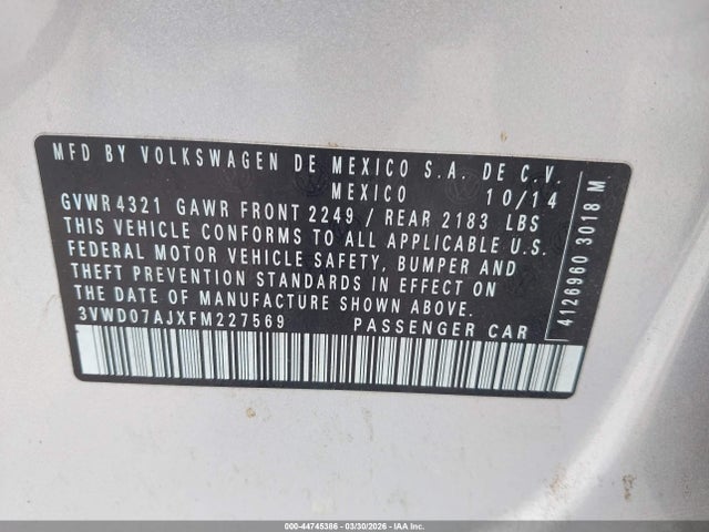 44745386 :رقم المزاد ، 3VWD07AJXFM227569 vin ، 2015 Volkswagen Jetta 1.8t Se مزاد بيع