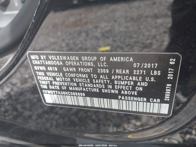 2017 Volkswagen Passat 1.8t R-line მანქანა იყიდება აუქციონზე, vin: 1VWDT7A36HC085699, აუქციონის ნომერი: 44745392