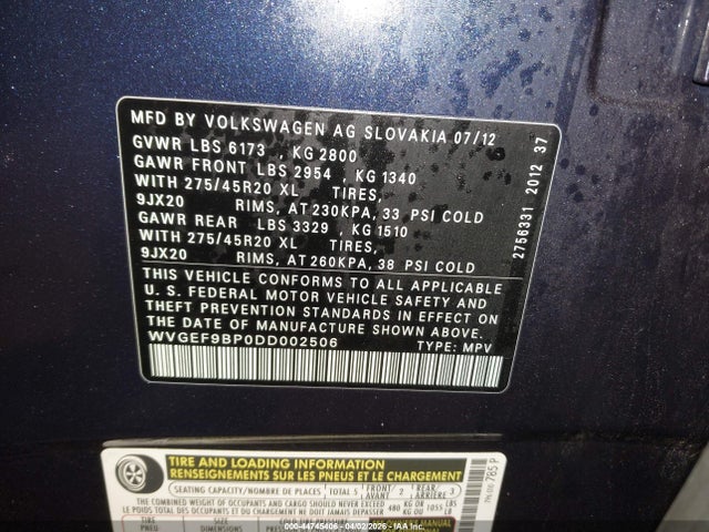 44745406 :رقم المزاد ، WVGEF9BP0DD002506 vin ، 2013 Volkswagen Touareg Vr6 Executive مزاد بيع