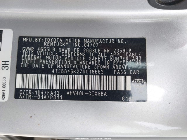 2007 Toyota Camry Hybrid მანქანა იყიდება აუქციონზე, vin: 4T1BB46K27U018663, აუქციონის ნომერი: 44745410