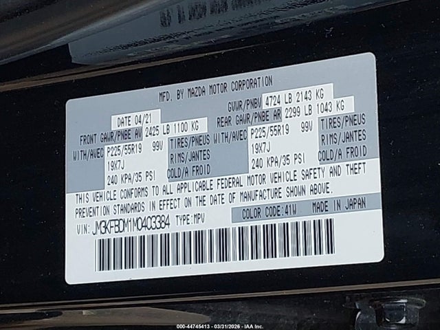 Продаж на аукціоні авто 2021 Mazda Cx-5 Grand Touring, vin: JM3KFBDM1M0403384, номер лоту: 44745413