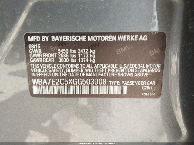 44745417 :رقم المزاد ، WBA7E2C5XGG503908 vin ، 2016 Bmw 740i مزاد بيع