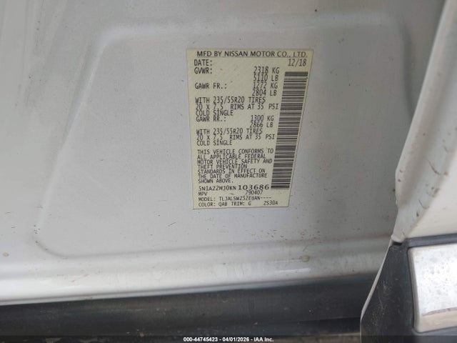44745423 :رقم المزاد ، 5N1AZ2MJ0KN103686 vin ، 2019 Nissan Murano Platinum مزاد بيع