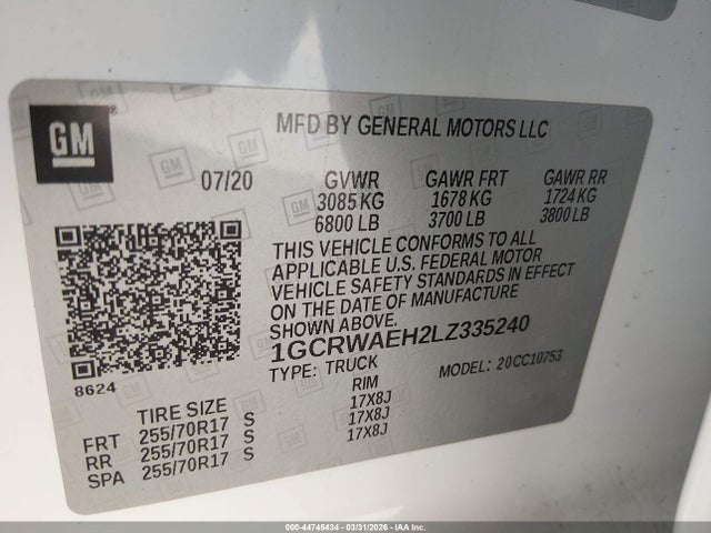 Auction sale of the 2020 Chevrolet Silverado 1500 2wd  Standard Bed Wt, vin: 1GCRWAEH2LZ335240, lot number: 44745434