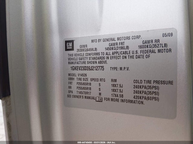 Aukcja sprzedaży 2009 Gmc Acadia Slt-1, vin: 1GKEV23D39J212775, numer aukcji: 44745450
