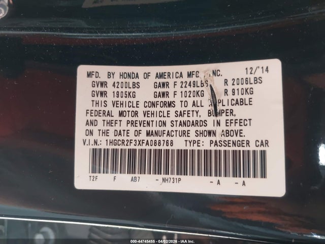 Aukcja sprzedaży 2015 Honda Accord Lx, vin: 1HGCR2F3XFA088768, numer aukcji: 44745455