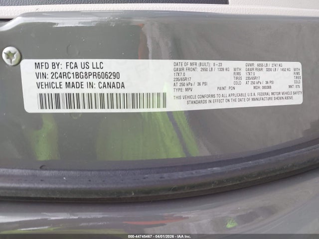 2023 Chrysler Pacifica Touring L მანქანა იყიდება აუქციონზე, vin: 2C4RC1BG8PR606290, აუქციონის ნომერი: 44745467
