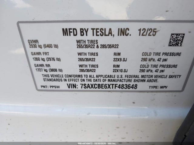 2026 Tesla Model X Plaid მანქანა იყიდება აუქციონზე, vin: 7SAXCBE6XTF483648, აუქციონის ნომერი: 44745472