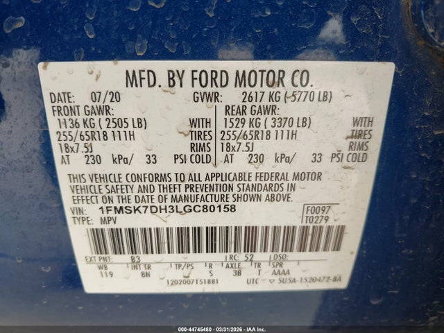 44745480 :رقم المزاد ، 1FMSK7DH3LGC80158 vin ، 2020 Ford Explorer Xlt مزاد بيع