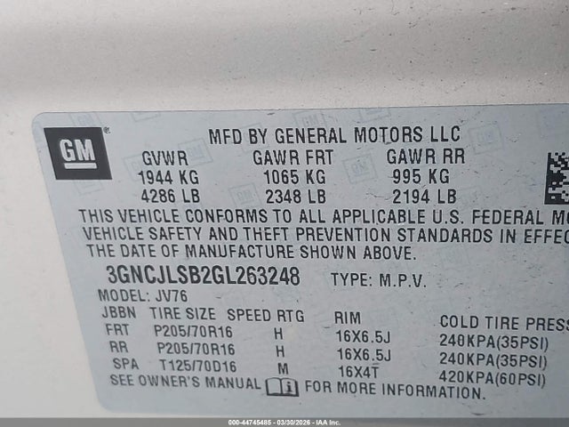 Chevrolet Trax Lt 2016 3GNCJLSB2GL263248 Image 9
