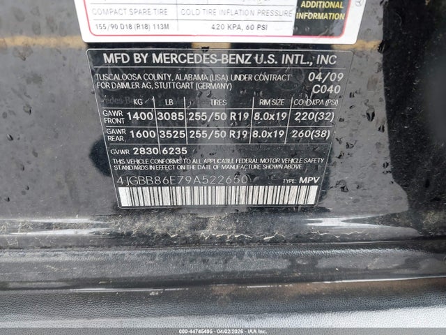 Продаж на аукціоні авто 2009 Mercedes-benz Ml 350 4matic, vin: 4JGBB86E79A522650, номер лоту: 44745495