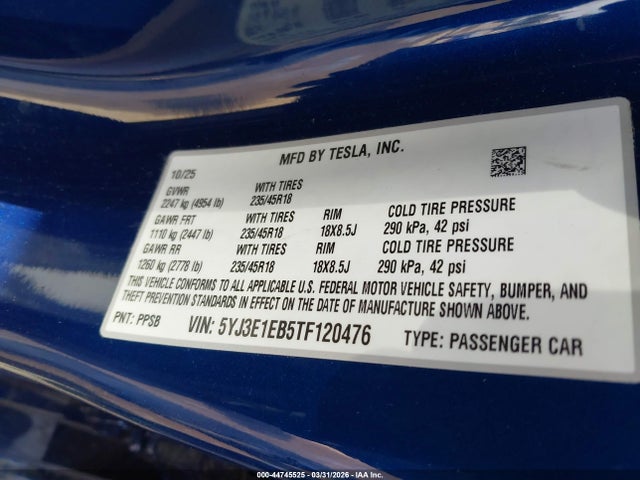 2026 Tesla Model 3 Premium All-wheel Drive მანქანა იყიდება აუქციონზე, vin: 5YJ3E1EB5TF120476, აუქციონის ნომერი: 44745525