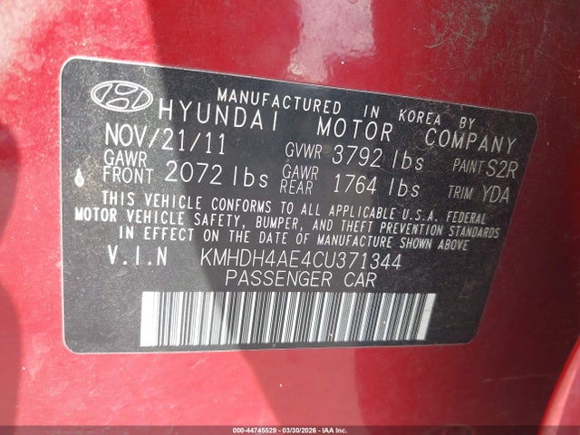 44745529 :رقم المزاد ، KMHDH4AE4CU371344 vin ، 2012 Hyundai Elantra Gls (ulsan Plant) مزاد بيع