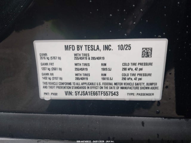 2026 Tesla Model S Plaid მანქანა იყიდება აუქციონზე, vin: 5YJSA1E66TF557543, აუქციონის ნომერი: 44745532