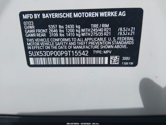 44745533 :رقم المزاد ، 5UX53DP00P9T15542 vin ، 2023 Bmw X3 Xdrive30i مزاد بيع