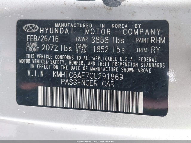 44745547 :رقم المزاد ، KMHTC6AE7GU291869 vin ، 2016 Hyundai Veloster Turbo مزاد بيع