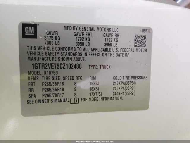 2012 Gmc Sierra 1500 Sle მანქანა იყიდება აუქციონზე, vin: 1GTR2VE75CZ102480, აუქციონის ნომერი: 44745558