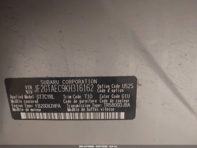 44745560 :رقم المزاد ، JF2GTAEC9KH316162 vin ، 2019 Subaru Crosstrek 2.0i Premium مزاد بيع