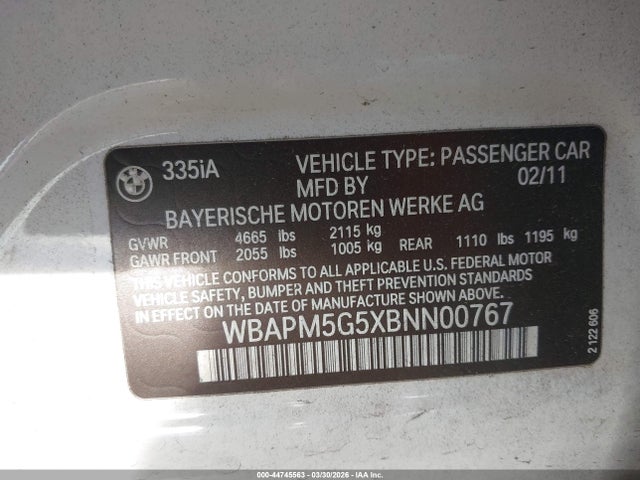 Aukcja sprzedaży 2011 Bmw 335i, vin: WBAPM5G5XBNN00767, numer aukcji: 44745563