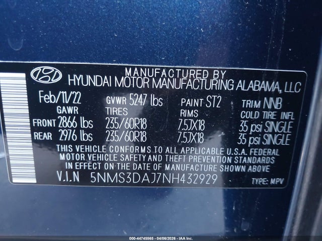 44745565 :رقم المزاد ، 5NMS3DAJ7NH432929 vin ، 2022 Hyundai Santa Fe Sel مزاد بيع